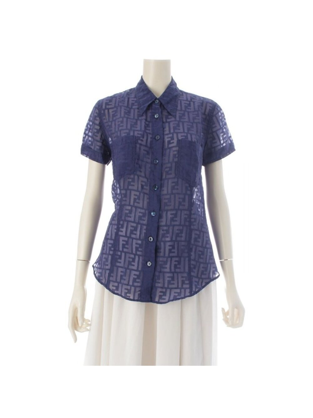 Fendi Jeans Zucca Sheer All Over Print Short Sleeve Shirt Navy 40